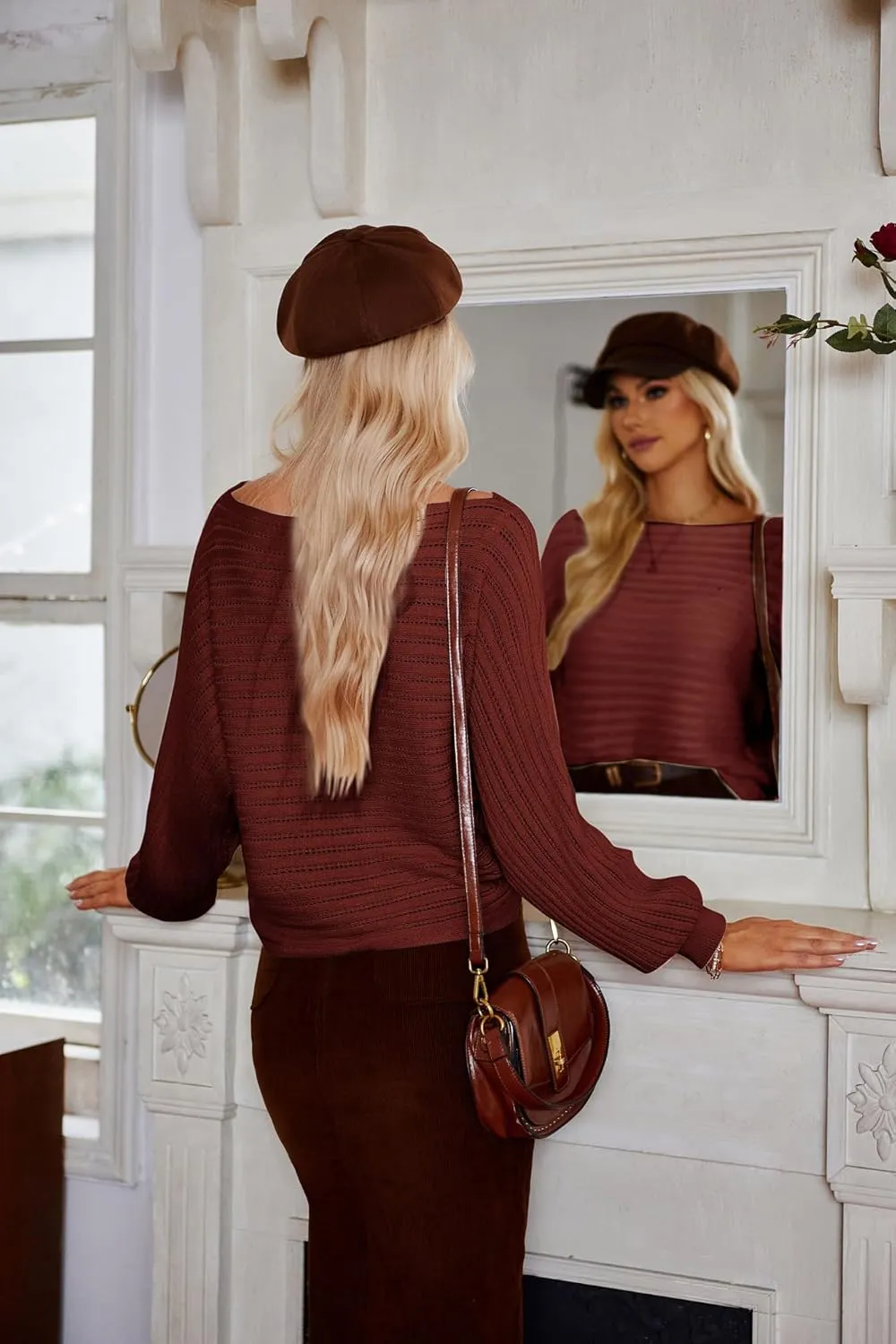 GRACE KARIN Fall Sweaters for Women 2024 Boat Neck Striped Crochet Pullover Sweater Knitted Batwing Long Sleeve Casual Tops