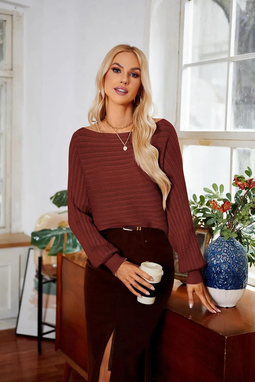 GRACE KARIN Fall Sweaters for Women 2024 Boat Neck Striped Crochet Pullover Sweater Knitted Batwing Long Sleeve Casual Tops