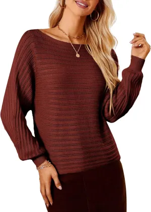 GRACE KARIN Fall Sweaters for Women 2024 Boat Neck Striped Crochet Pullover Sweater Knitted Batwing Long Sleeve Casual Tops