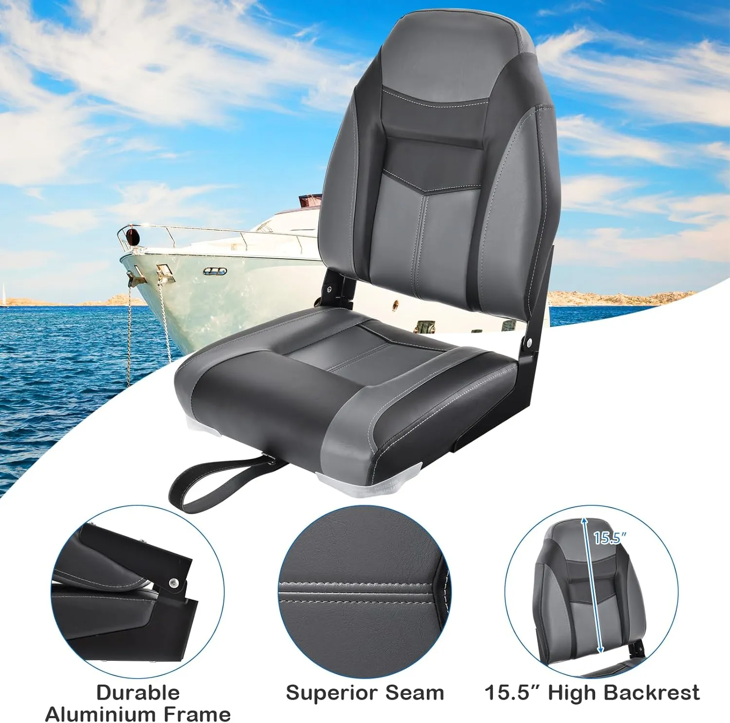 GYMAX Boat Seats, Folding High Back Boat Seats with Stainless Steel Screw Included, Fold-Down Boat Captain Chairs for Fishing Yachts