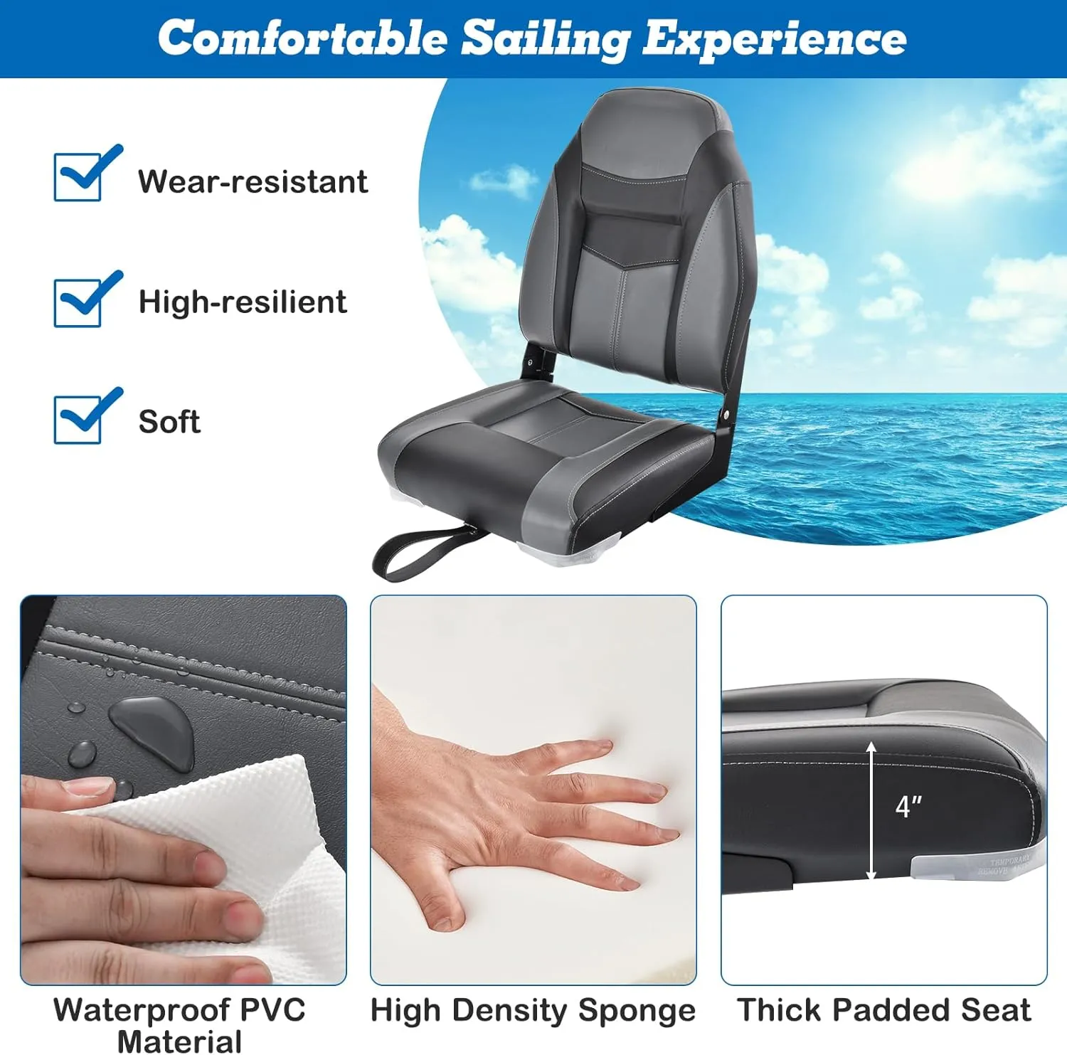 GYMAX Boat Seats, Folding High Back Boat Seats with Stainless Steel Screw Included, Fold-Down Boat Captain Chairs for Fishing Yachts