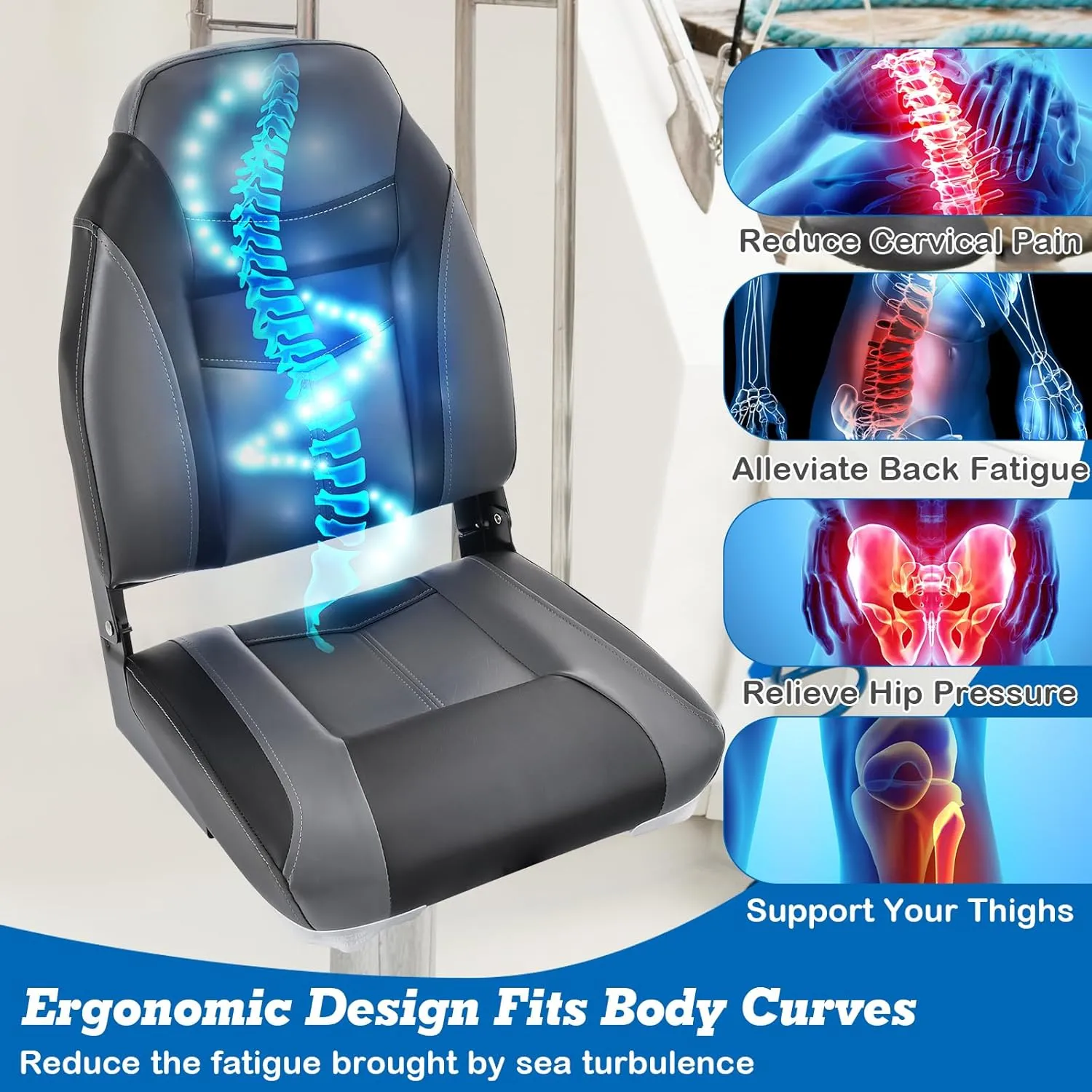 GYMAX Boat Seats, Folding High Back Boat Seats with Stainless Steel Screw Included, Fold-Down Boat Captain Chairs for Fishing Yachts