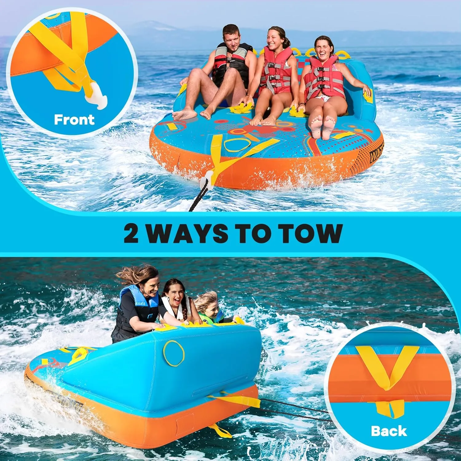 GYMAX Towable Tube for Boating, 2/3 Riders Inflatable Boat Tube for Water Sports to Pull, Boat Tubes with EVA Seat Pads, Dual Tow Points, Full 900D Nylon Cover & Drainage System