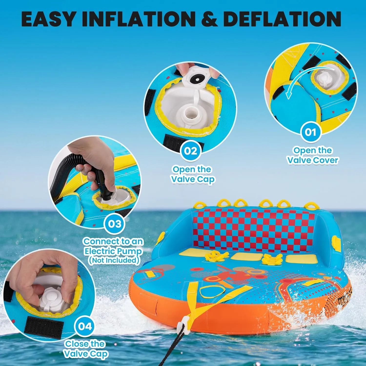 GYMAX Towable Tube for Boating, 2/3 Riders Inflatable Boat Tube for Water Sports to Pull, Boat Tubes with EVA Seat Pads, Dual Tow Points, Full 900D Nylon Cover & Drainage System