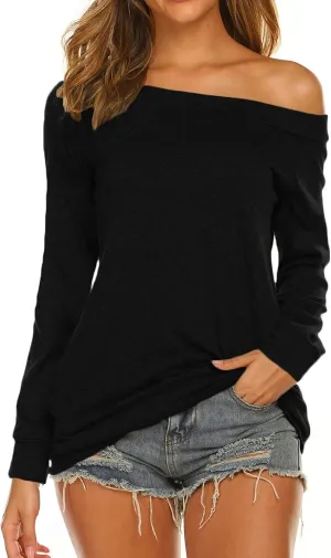 Halife Women's Long Sleeve Boat Neck Off Shoulder Blouse Tops