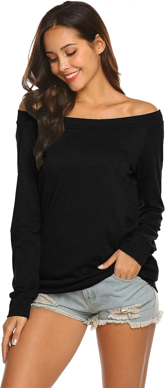Halife Women's Long Sleeve Boat Neck Off Shoulder Blouse Tops
