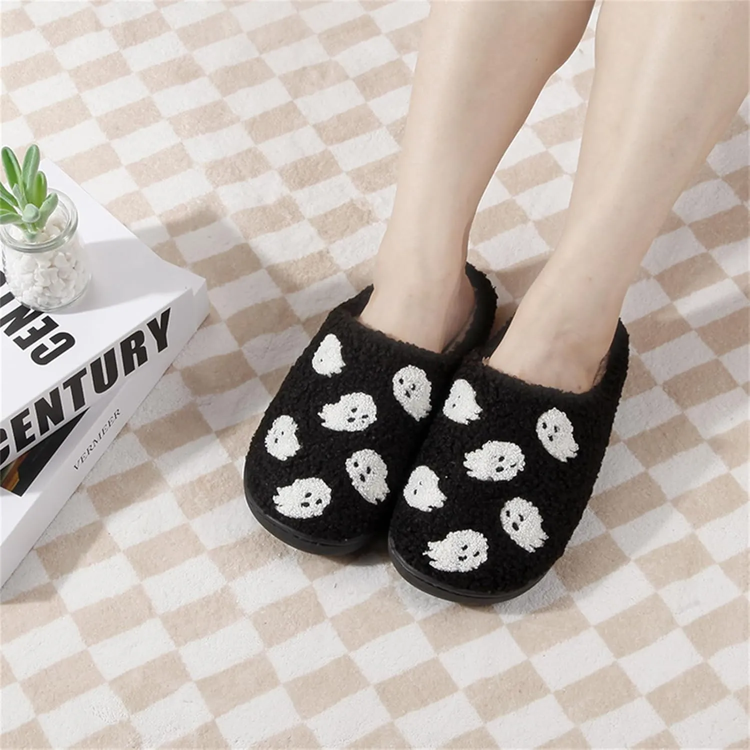 Halloween Pumpkin Slippers for Womens Mens Cute Cartoon Slippers Plush Warm Memory Foam Shoes