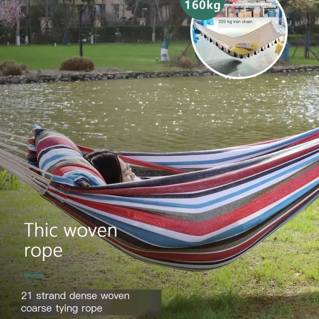 Hammock Outdoor Hammock Woven Tassel Thick Canvas Straight Stick Anti-Rollover Leisure Camping Single Double Swing Hammocks for Outside(Red,A)