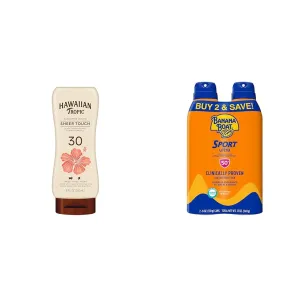 Hawaiian Tropic Sheer Touch Ultra Radiance Lotion Sunscreen SPF 30, 8oz & Banana Boat Ultra Sport Sunscreen Spray, Broad Spectrum SPF 50, 6 Oz (Pack of 2)