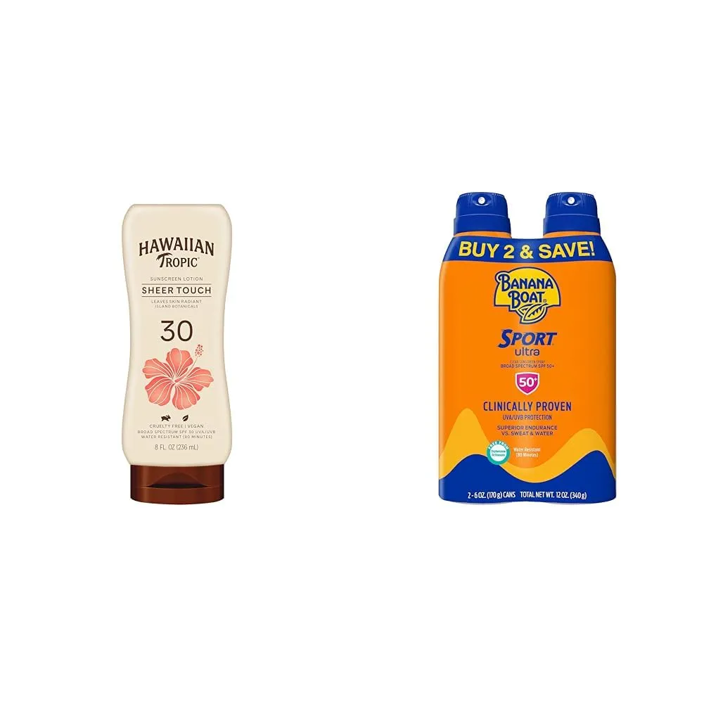 Hawaiian Tropic Sheer Touch Ultra Radiance Lotion Sunscreen SPF 30, 8oz & Banana Boat Ultra Sport Sunscreen Spray, Broad Spectrum SPF 50, 6 Oz (Pack of 2)