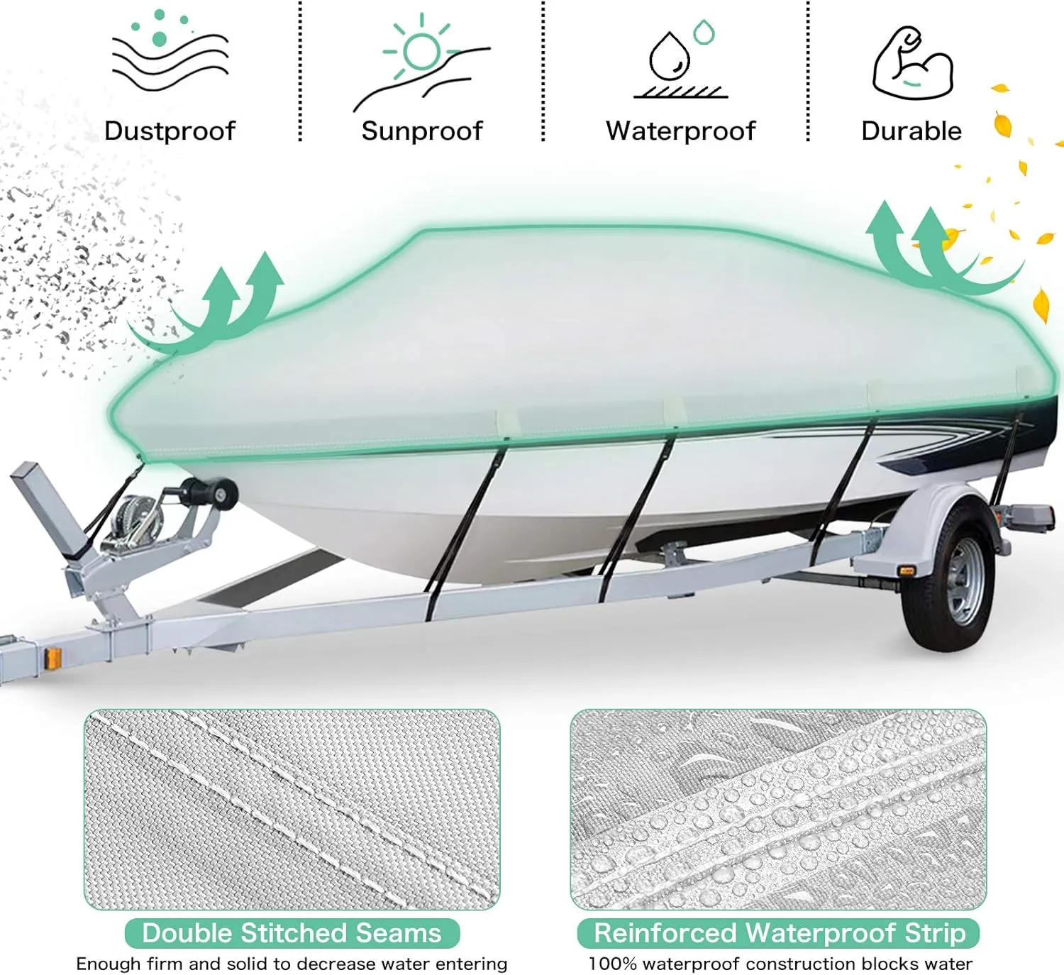 Heavy Duty 1200D PU Waterproof Boat Cover, 14'- 16' Trailerable Marine Grade Polyester Canvas, Fits 14-16ft V-Hull, Runabout, Fishing Boat, Tri-Hull, Pro-Style Bass Boat with Tightening Strap