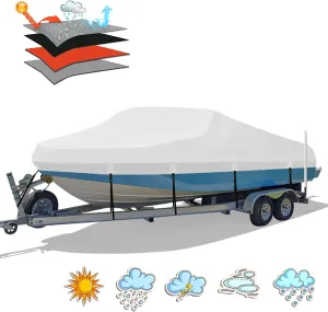Heavy Duty 1200D PU Waterproof Boat Cover, 14'- 16' Trailerable Marine Grade Polyester Canvas, Fits 14-16ft V-Hull, Runabout, Fishing Boat, Tri-Hull, Pro-Style Bass Boat with Tightening Strap