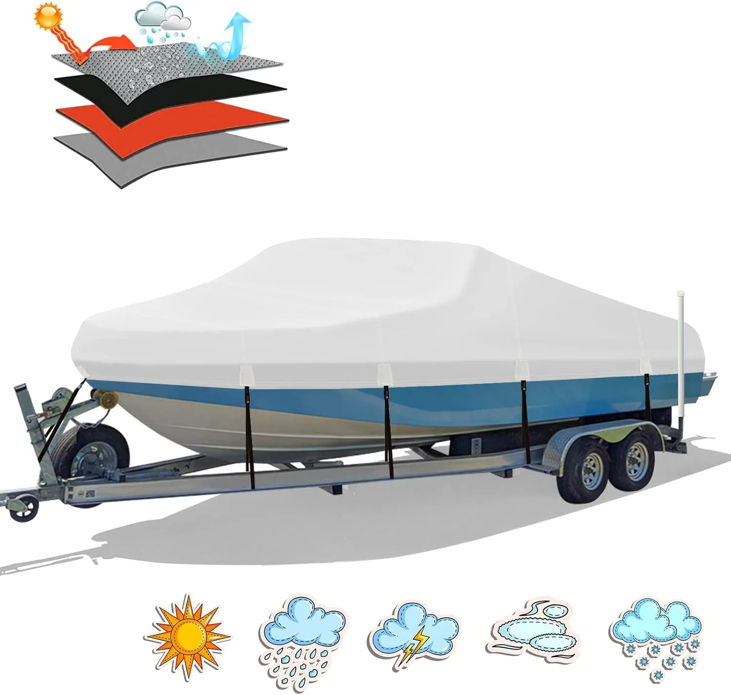 Heavy Duty 1200D PU Waterproof Boat Cover, 14'- 16' Trailerable Marine Grade Polyester Canvas, Fits 14-16ft V-Hull, Runabout, Fishing Boat, Tri-Hull, Pro-Style Bass Boat with Tightening Strap