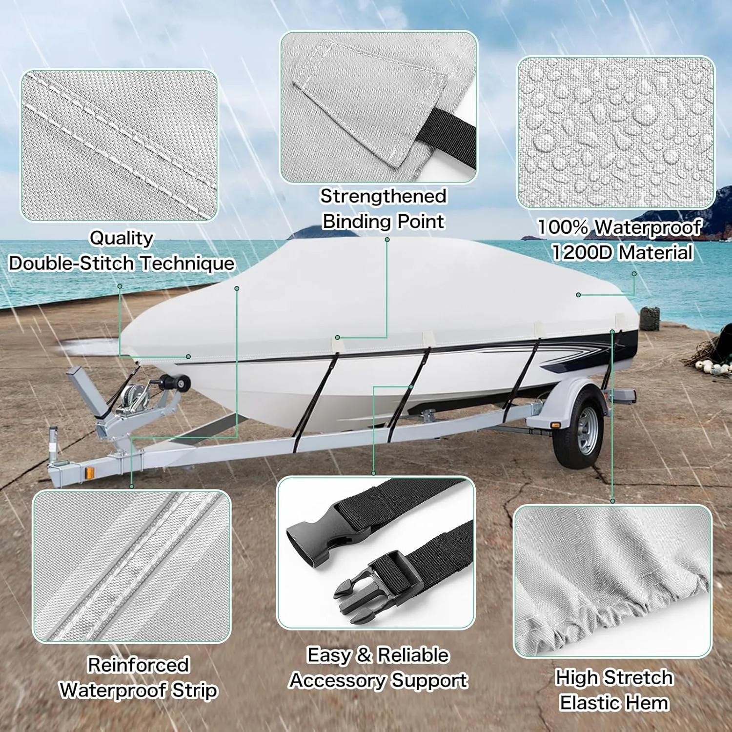 Heavy Duty 1200D PU Waterproof Boat Cover, 14'- 16' Trailerable Marine Grade Polyester Canvas, Fits 14-16ft V-Hull, Runabout, Fishing Boat, Tri-Hull, Pro-Style Bass Boat with Tightening Strap