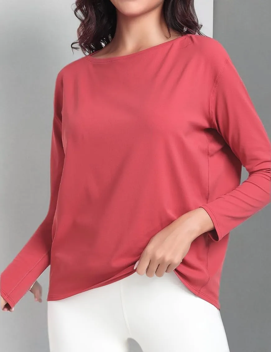 HeyNuts Long Sleeve Workout Shirts for Women Boat Neck Yoga Tops Loose Fit Soft Casual Shirts