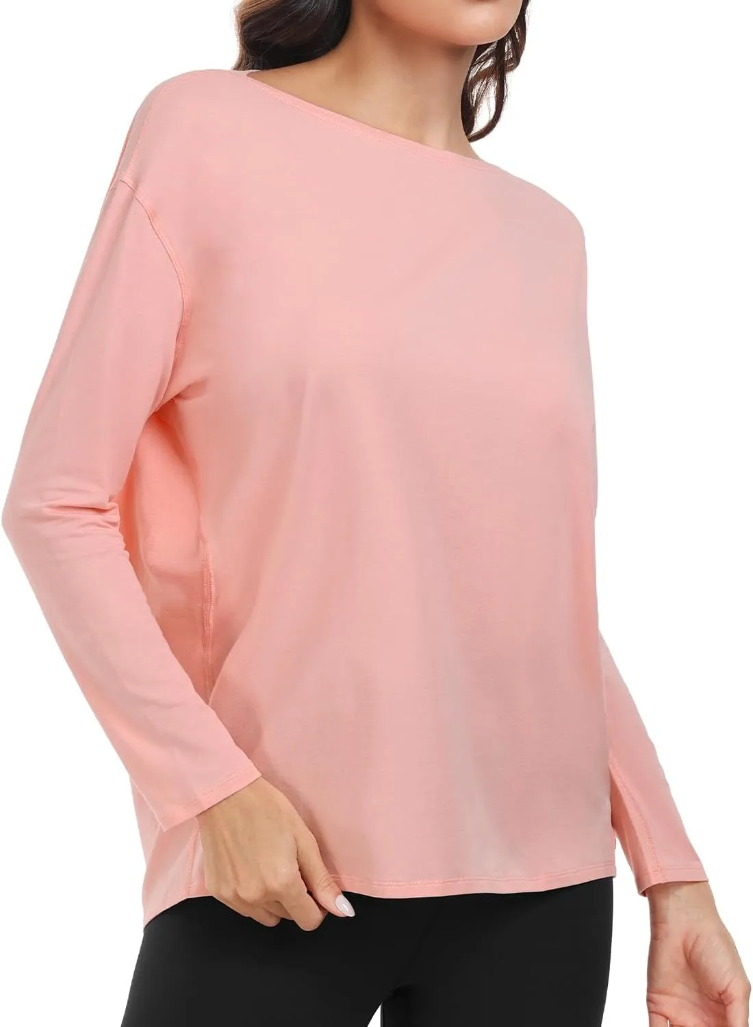 HeyNuts Women's Pima Cotton Long Sleeve Workout Shirts Boat Neck Athletic Loose Fit Soft Tops Fall Casual Shirts