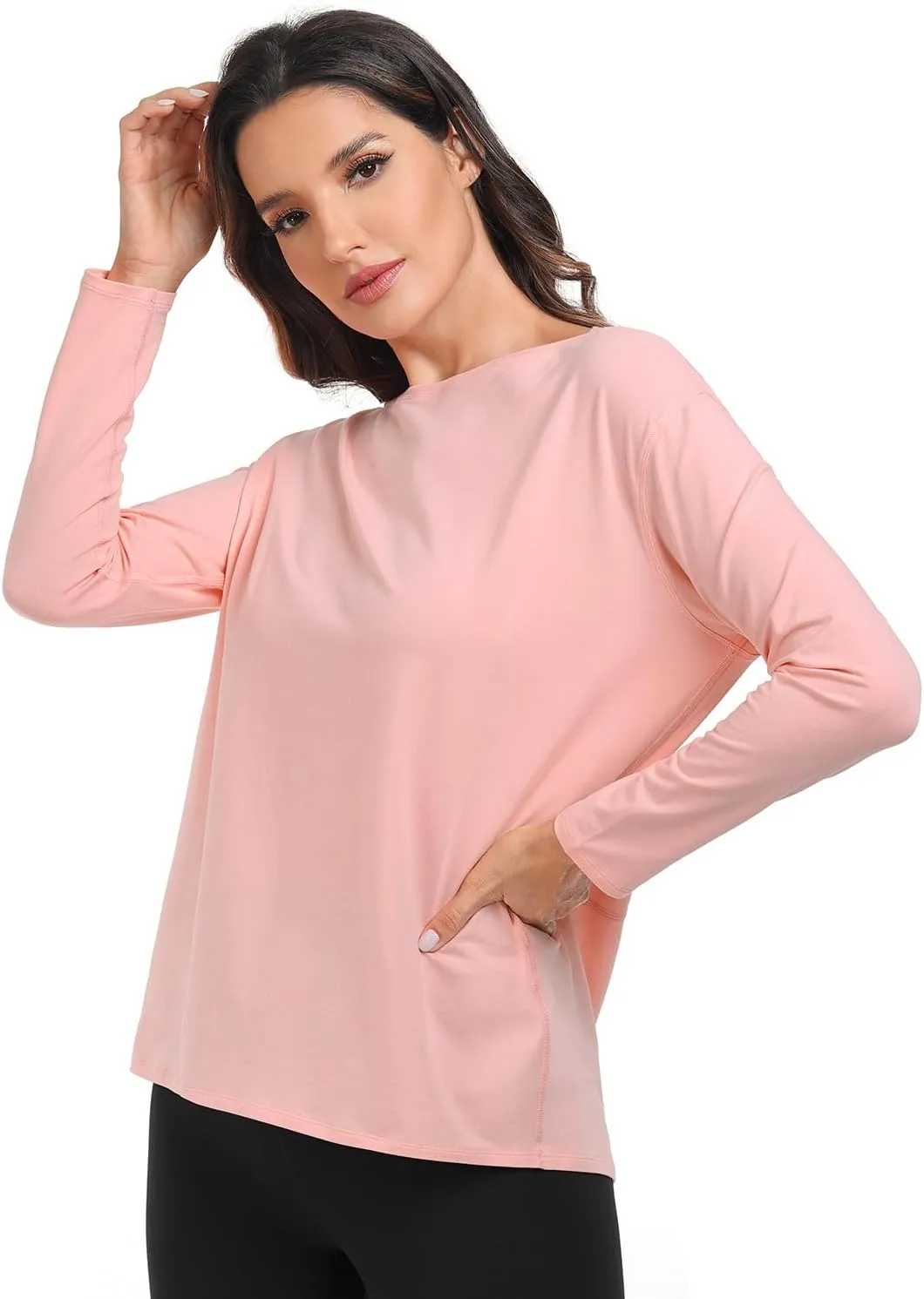 HeyNuts Women's Pima Cotton Long Sleeve Workout Shirts Boat Neck Athletic Loose Fit Soft Tops Fall Casual Shirts