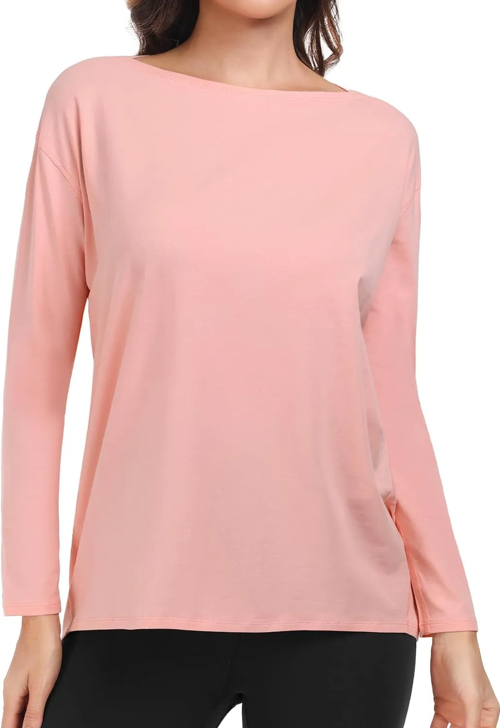 HeyNuts Women's Pima Cotton Long Sleeve Workout Shirts Boat Neck Athletic Loose Fit Soft Tops Fall Casual Shirts