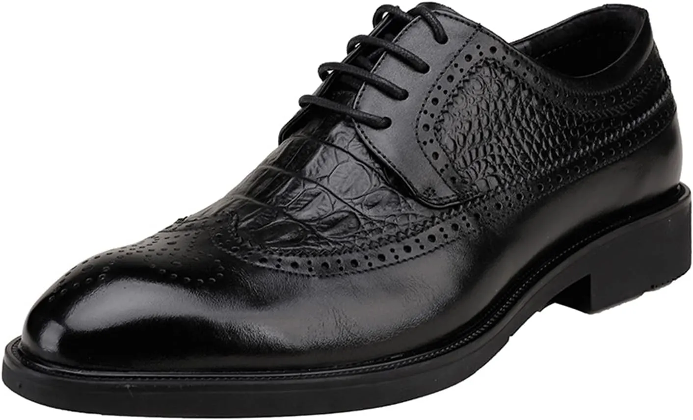 HOOENG Formal Shoes for Men Lace Up Crocodile Brogue Embossed Wingtips Round Toe Leather Slip Resistant Rubber Sole Block Heel Business
