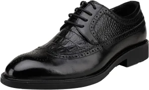 HOOENG Formal Shoes for Men Lace Up Crocodile Brogue Embossed Wingtips Round Toe Leather Slip Resistant Rubber Sole Block Heel Business
