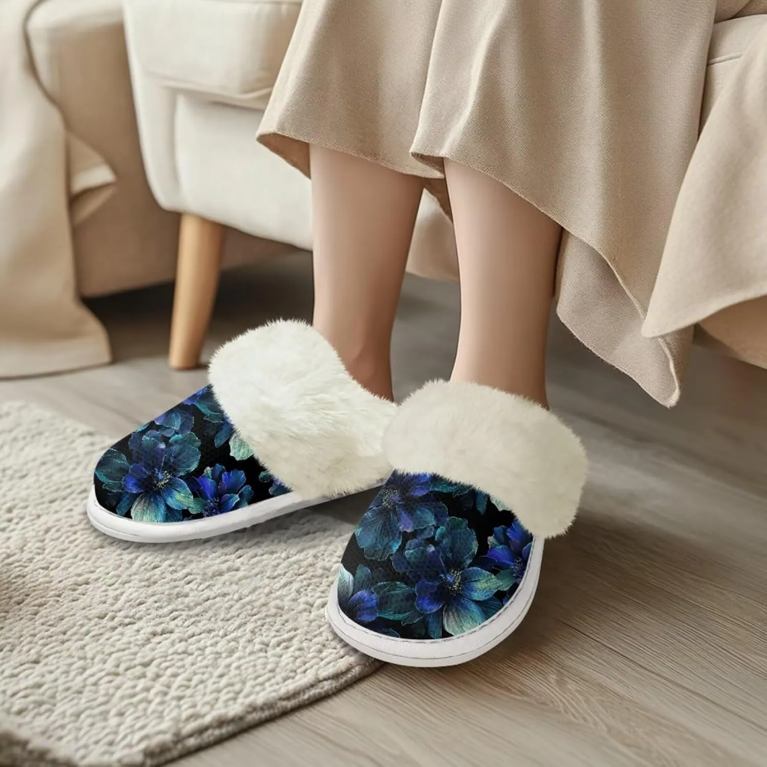 Howilath Fuzzy Slippers Women with Fur Edges House Shoes Bedroom Plush Slippers for Indoor & Outdoor