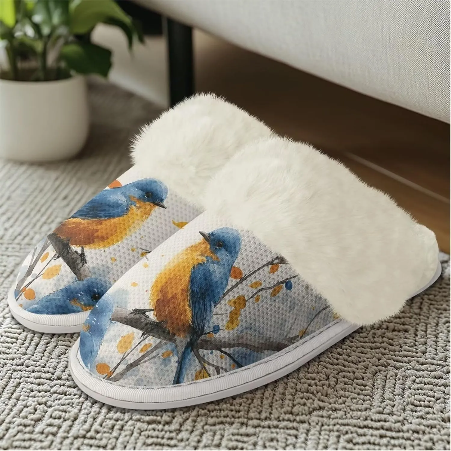Howilath Small Bird Cotton House Shoes for Women Fluffy Slippers Warm Bedroom Shoes with Anti-Skid Sole