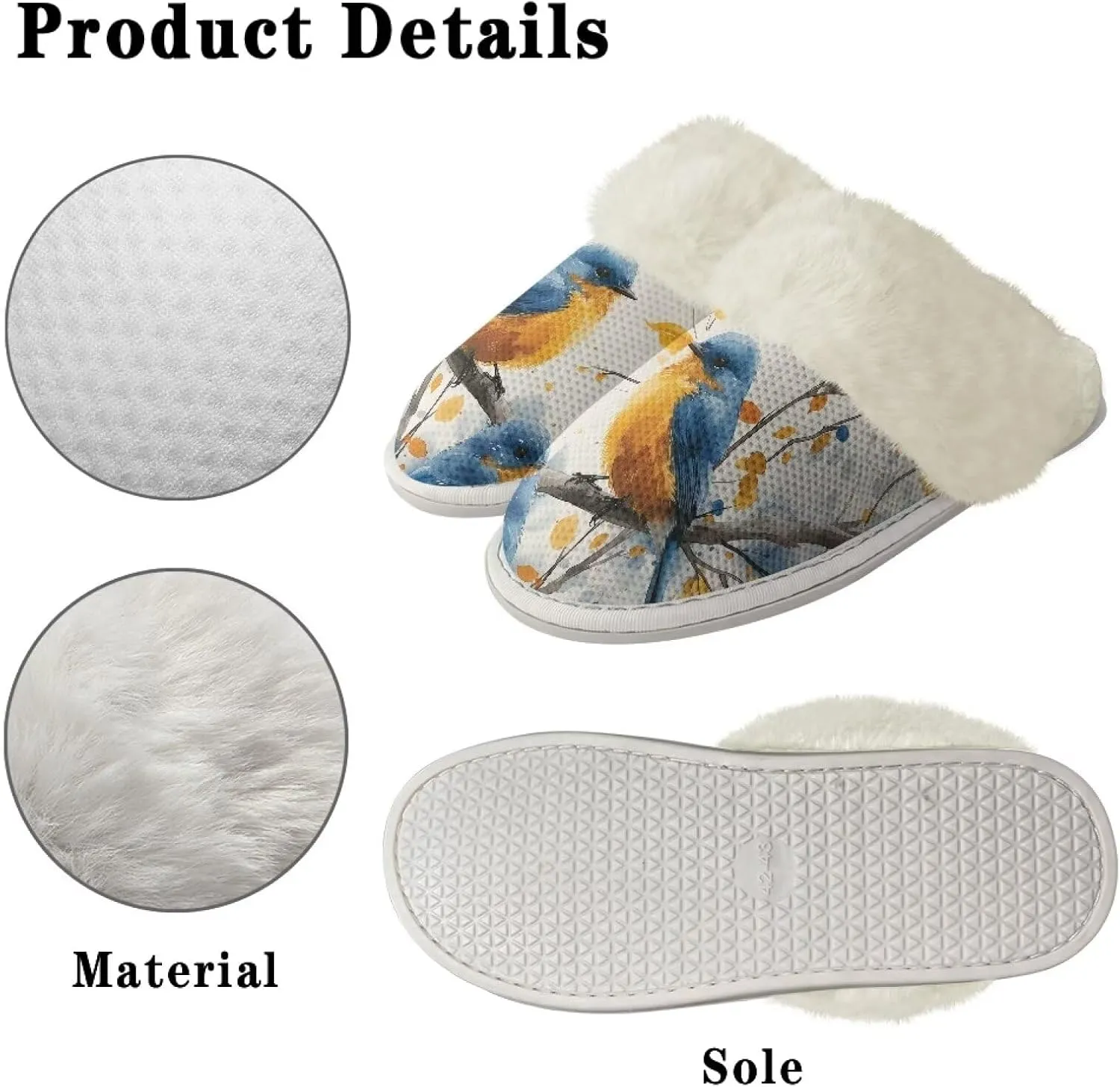 Howilath Small Bird Cotton House Shoes for Women Fluffy Slippers Warm Bedroom Shoes with Anti-Skid Sole