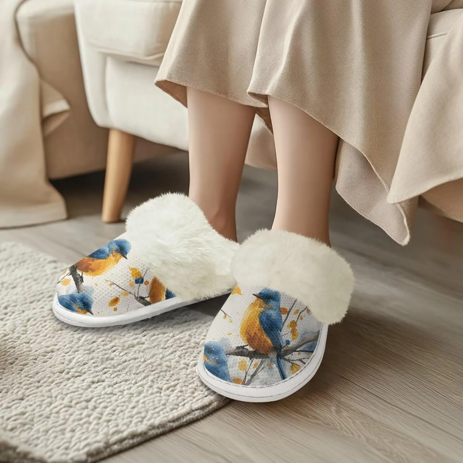 Howilath Small Bird Cotton House Shoes for Women Fluffy Slippers Warm Bedroom Shoes with Anti-Skid Sole