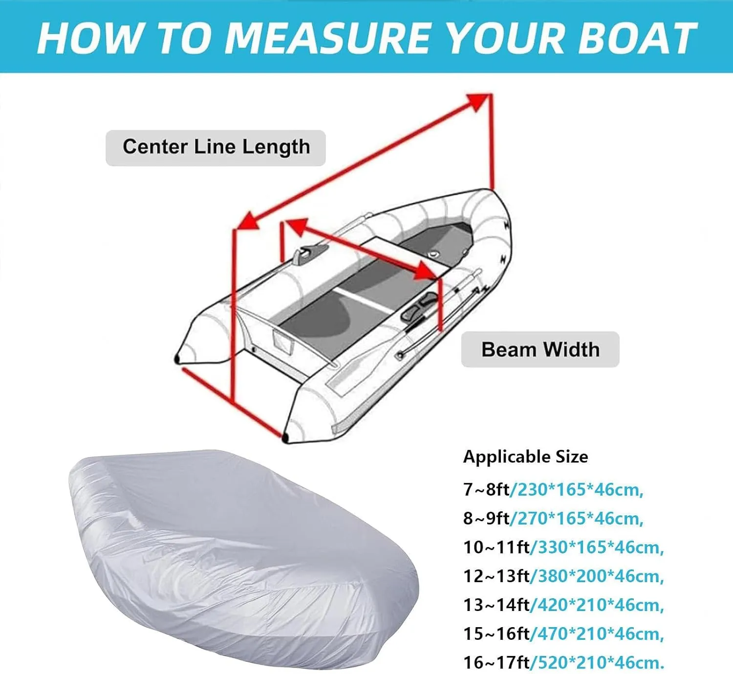 Inflatable Boat Cover 7 Sizes Dinghy Cover UV Resistant Boat Tarp for Small Inflatable and Rigid Inflatable Boats,230 * 165 * 46cm