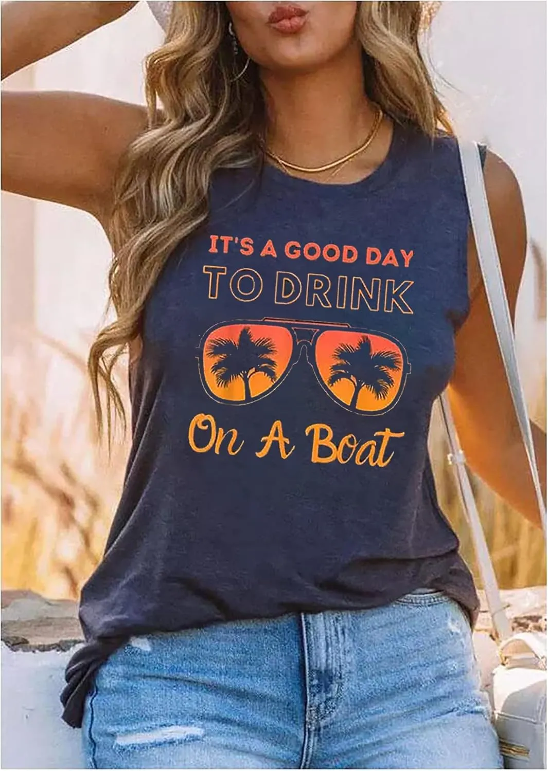 It is A Good Day to Drink On A Boat Tank Tops Women Funny Drinking Shirt Letter Print Sleeveless T-Shirt