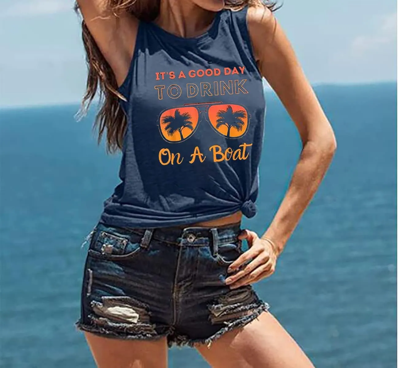 It is A Good Day to Drink On A Boat Tank Tops Women Funny Drinking Shirt Letter Print Sleeveless T-Shirt