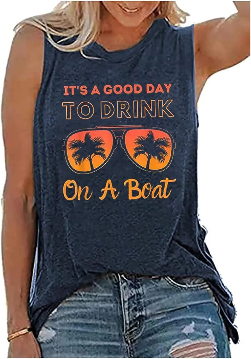 It is A Good Day to Drink On A Boat Tank Tops Women Funny Drinking Shirt Letter Print Sleeveless T-Shirt