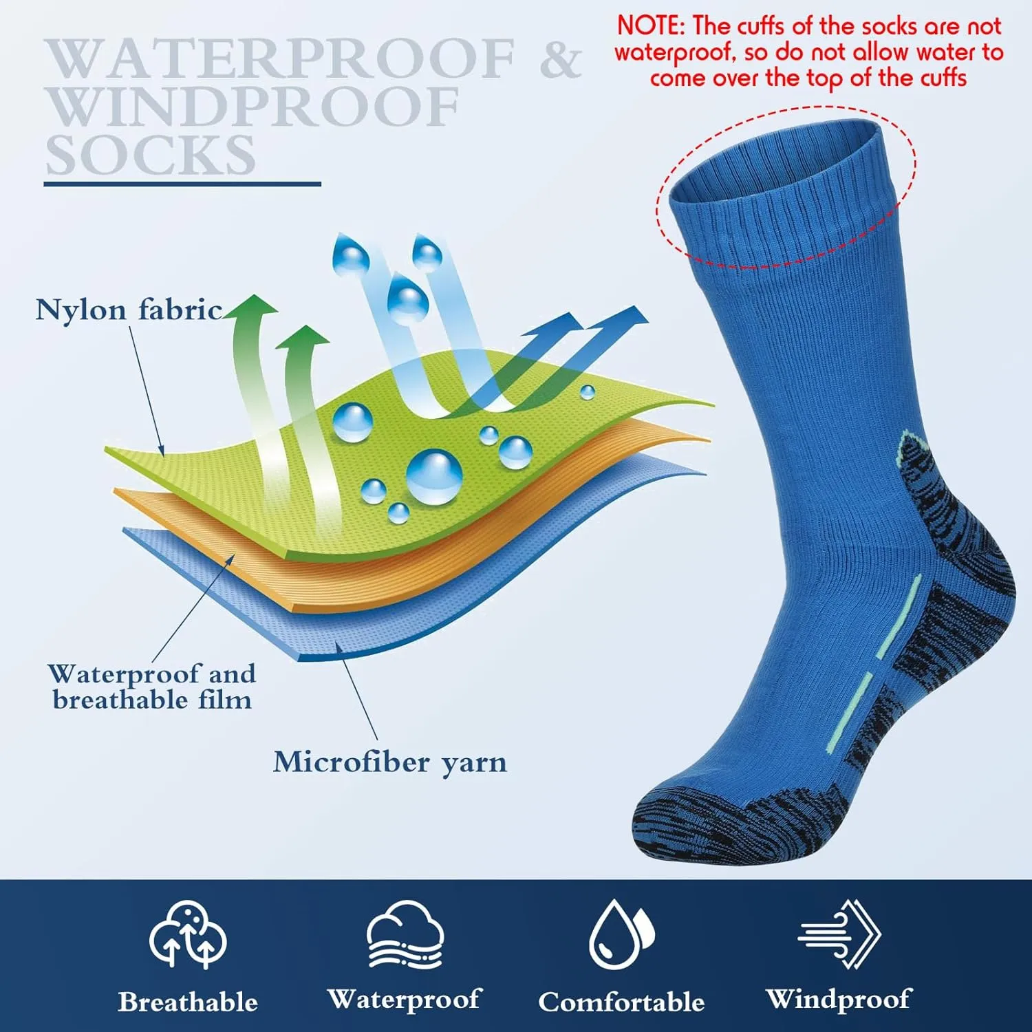 Jeyiour 2 Pairs Waterproof Socks Unisex Waterproof Breathable Outdoor Skiing Hiking Wading Fishing Socks for Men Women