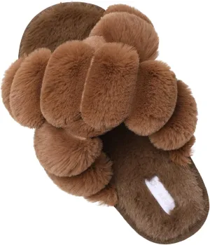 JIASUQI Women's Open Toe Slippers Fuzzy Fluffy House Slippers for Women Cozy Criss Cross Furry Slides Slippers