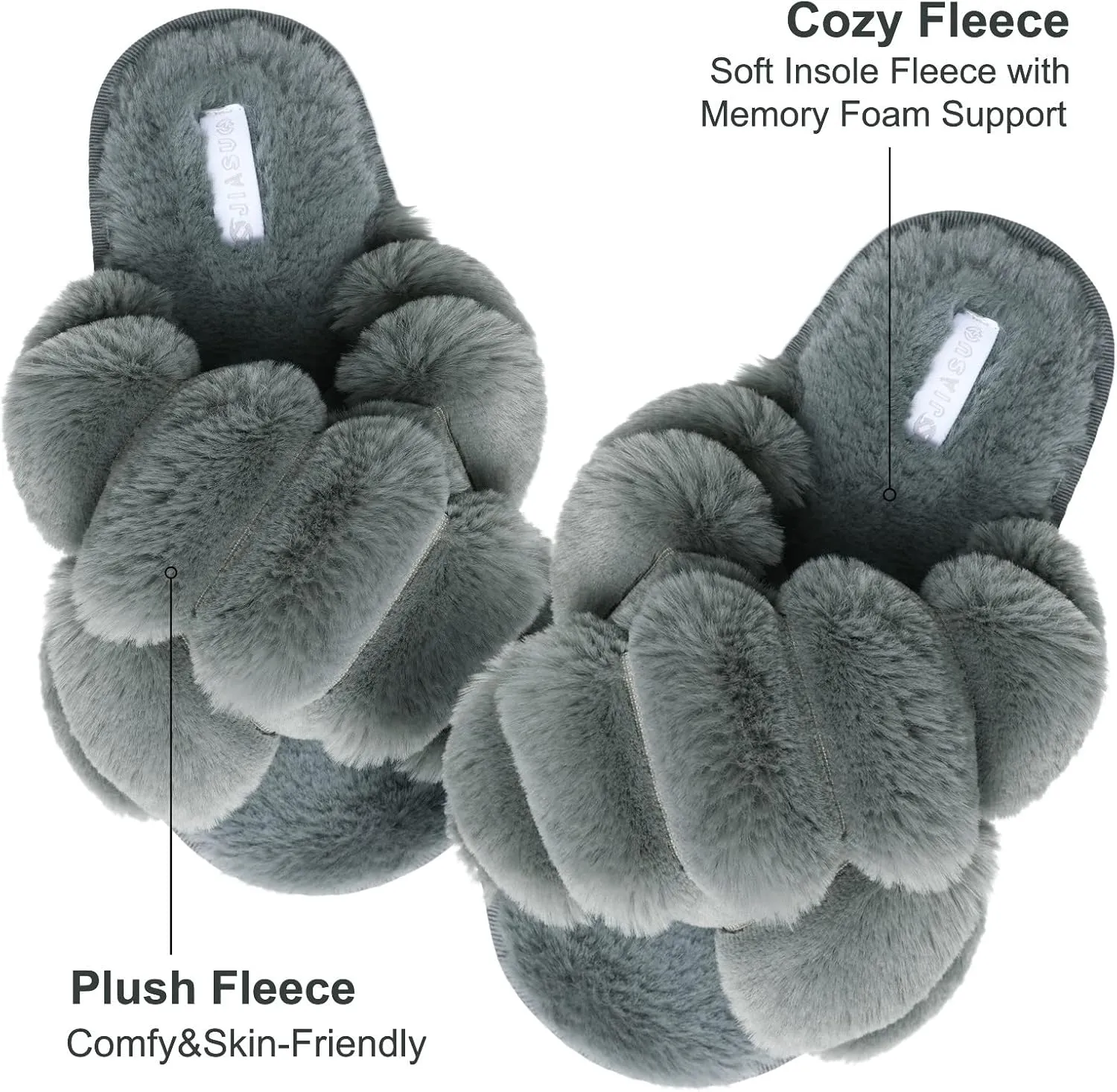 JIASUQI Women's Open Toe Slippers Fuzzy Fluffy House Slippers for Women Cozy Criss Cross Furry Slides Slippers