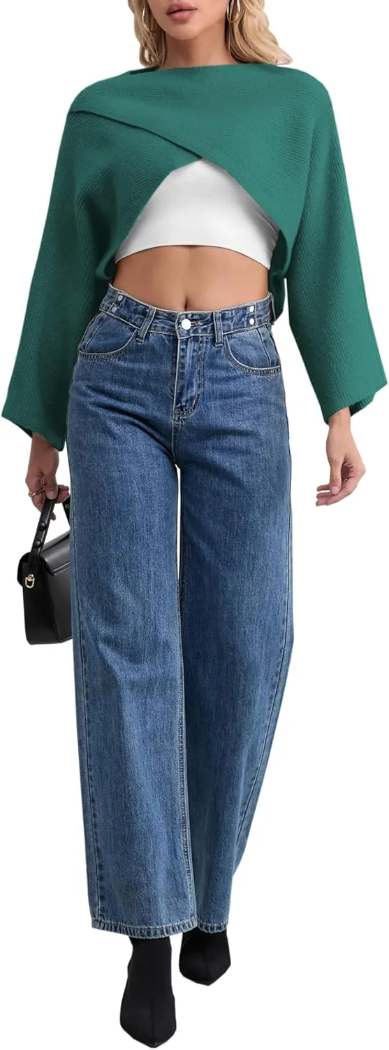 Joe Wenko Women's Boat Neck Sweater Long Sleeve Cross Wrap Asymmetrical Hem Cropped Pullover Jumper Tops