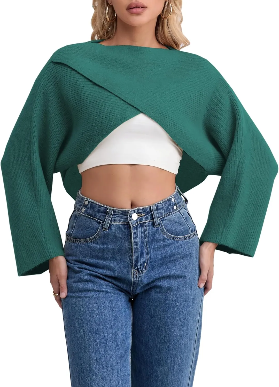 Joe Wenko Women's Boat Neck Sweater Long Sleeve Cross Wrap Asymmetrical Hem Cropped Pullover Jumper Tops