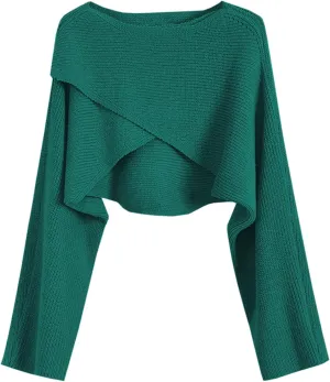 Joe Wenko Women's Boat Neck Sweater Long Sleeve Cross Wrap Asymmetrical Hem Cropped Pullover Jumper Tops