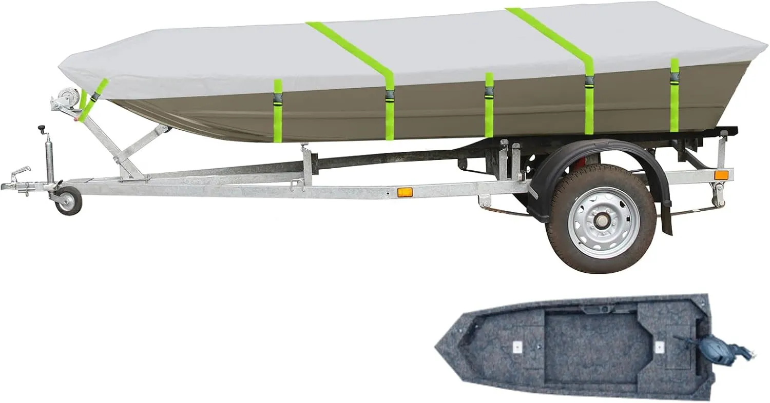 Jon Boat Cover Fit Lowe 1648M 1648 1652MT Roughneck 1546 and Alumacraft Jon 1542, 900D Marine Grade Polyester Canvas with PU Coating, 16ft Boat Cover & UV Resistant [Motor Cover Included]