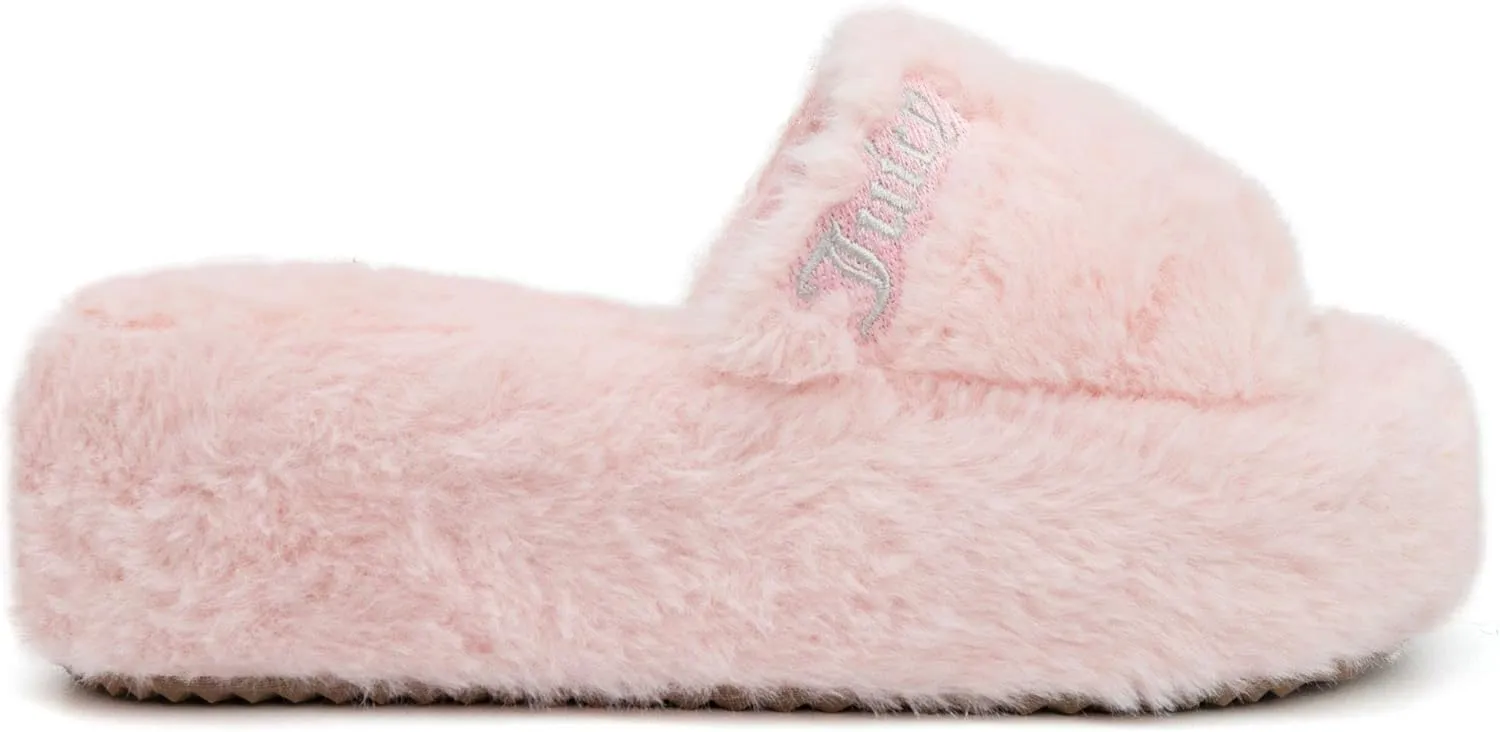 Juicy Couture Women's Faux Fur Platform Slippers – Fluffy Cozy Indoor Outdoor Slip-On House Shoes