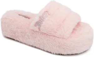 Juicy Couture Women's Faux Fur Platform Slippers – Fluffy Cozy Indoor Outdoor Slip-On House Shoes