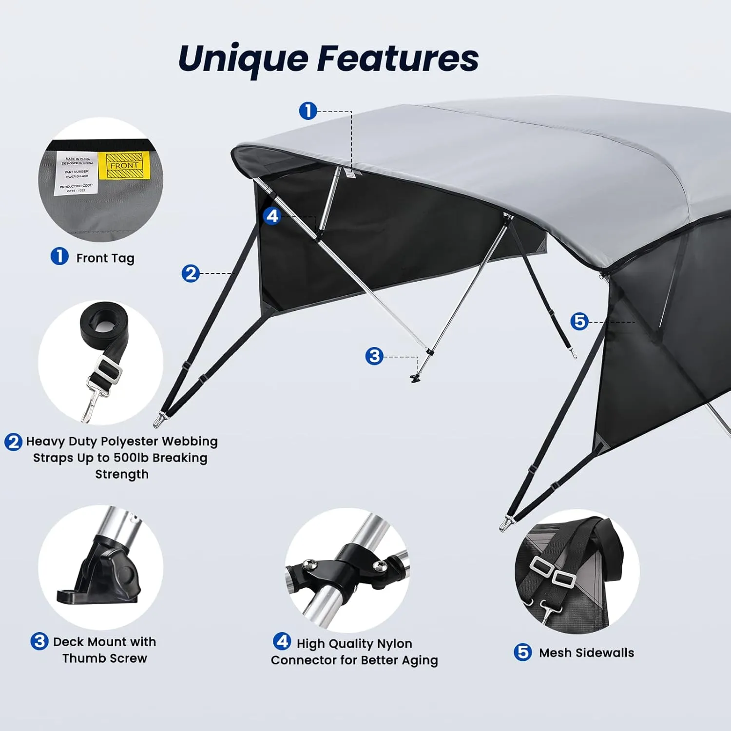 KAKIT 3 4 Bow Bimini Tops for Boats with Mesh Sides Heavy Duty Cover Adjustable 4 Straps Zippered Storage Boot