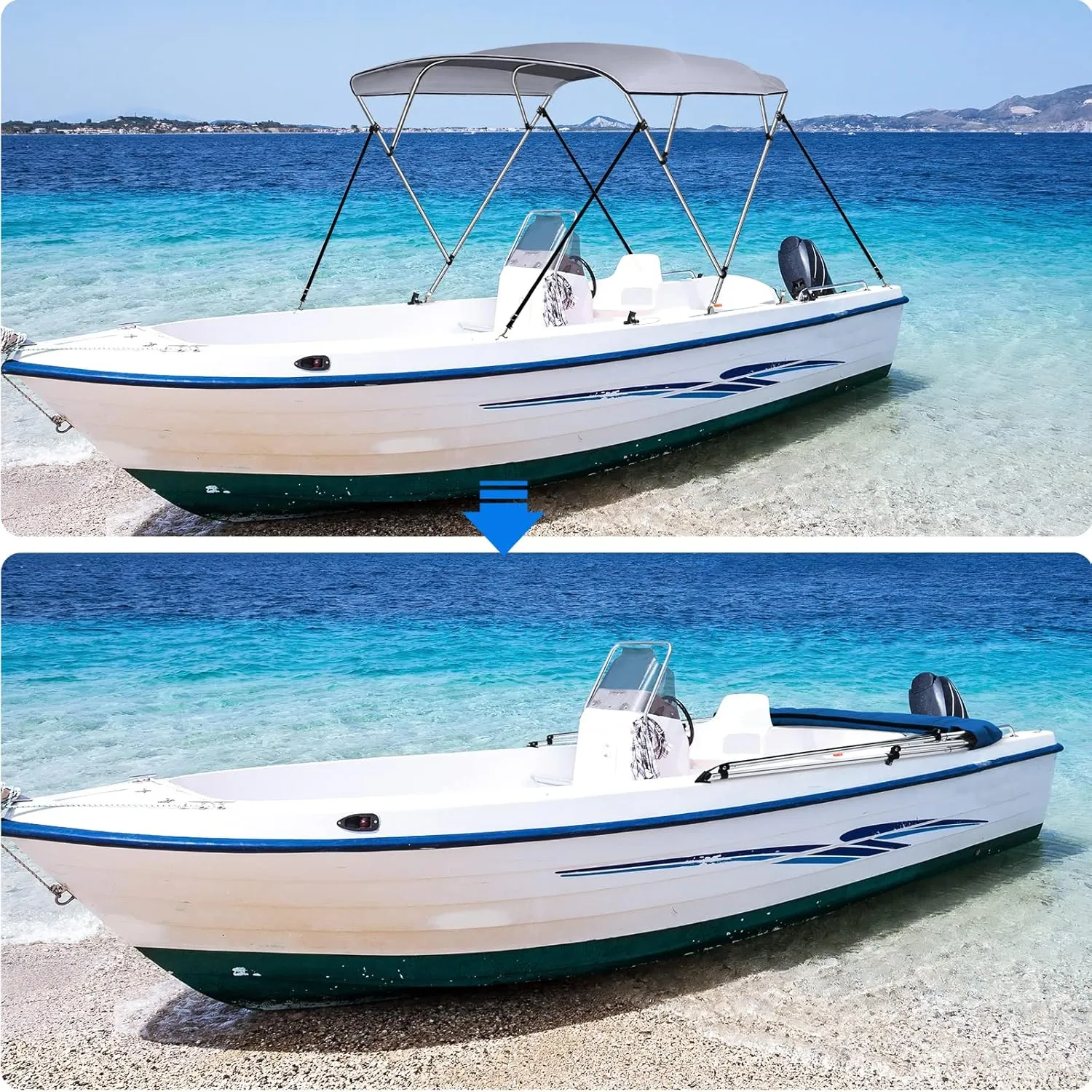 KAKIT 3 4 Bow Bimini Tops for Boats with Mesh Sides Heavy Duty Cover Adjustable 4 Straps Zippered Storage Boot