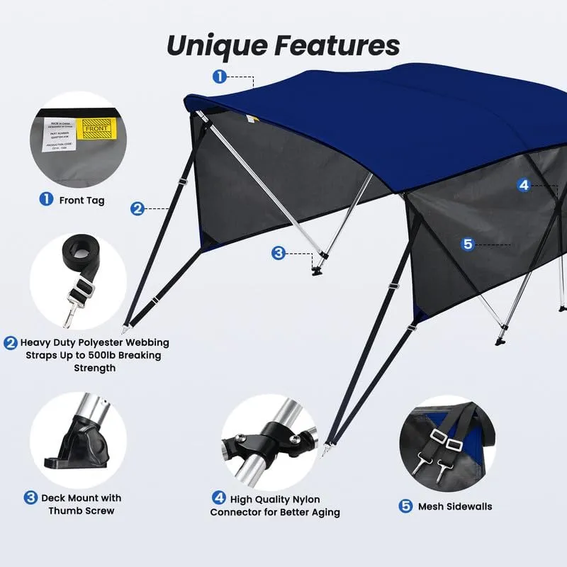 KAKIT 3 4 Bow Bimini Tops with Mesh Sidewalls Support Poles for Boats Marine Grade Canvas Top Includes 2 Straps Storage Boot 1 Inch Aluminum Frame