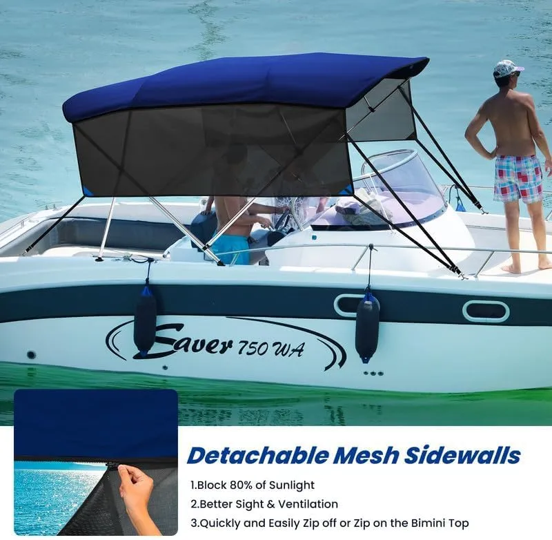 KAKIT 3 4 Bow Bimini Tops with Mesh Sidewalls Support Poles for Boats Marine Grade Canvas Top Includes 2 Straps Storage Boot 1 Inch Aluminum Frame