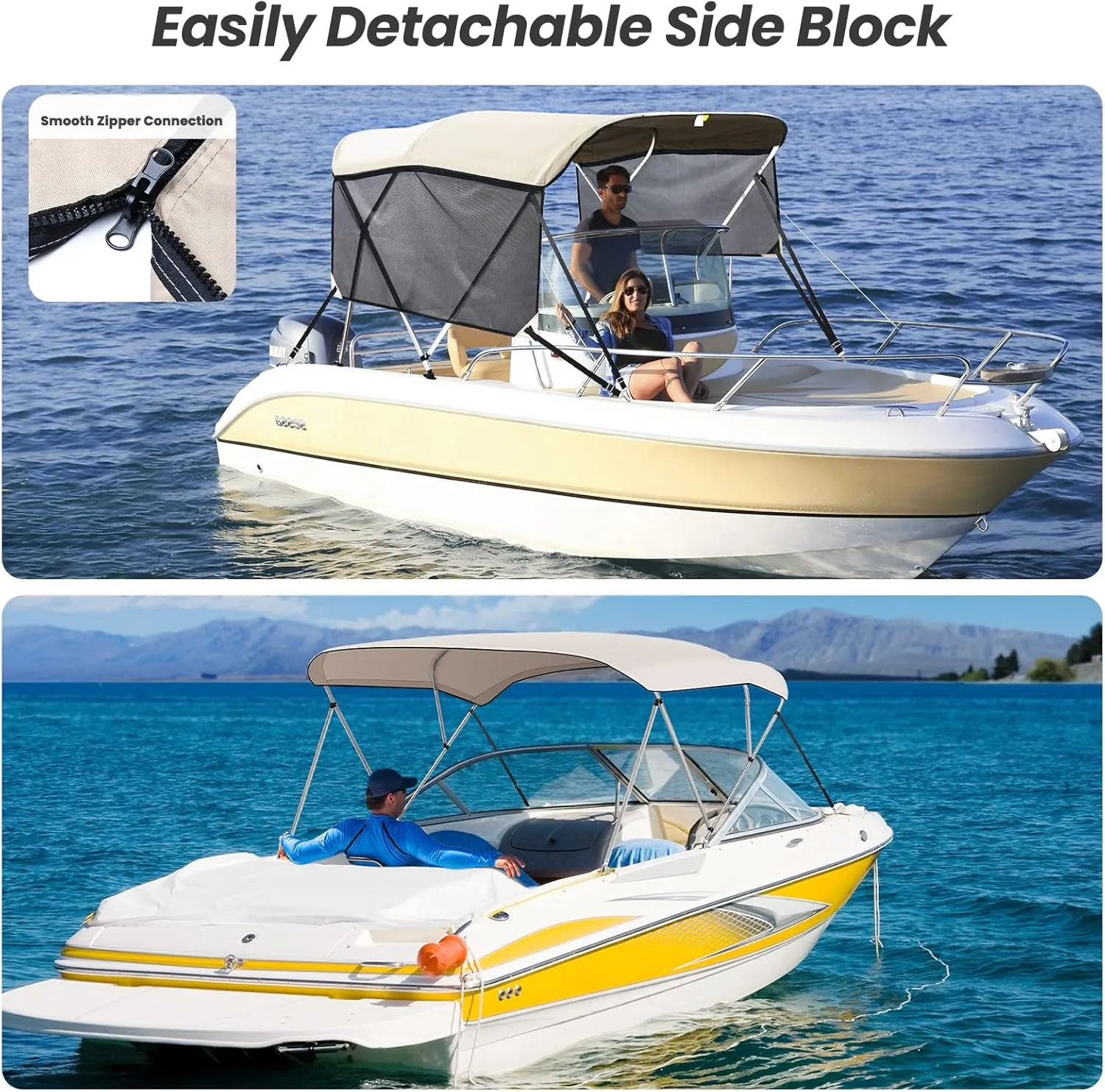 KAKIT 3 4 Bow Bimini Tops with Mesh Sidewalls Support Poles for Boats Marine Grade Canvas Top Includes 2 Straps Storage Boot 1 Inch Aluminum Frame