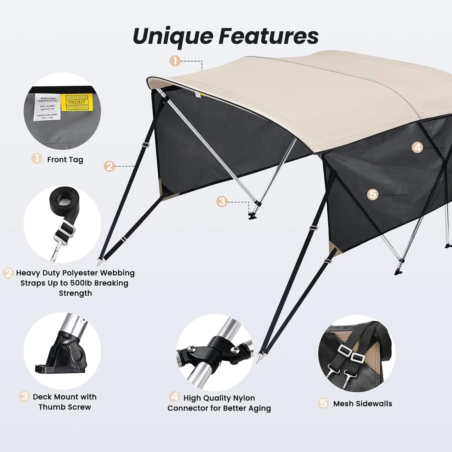 KAKIT 3 4 Bow Bimini Tops with Mesh Sidewalls Support Poles for Boats Marine Grade Canvas Top Includes 2 Straps Storage Boot 1 Inch Aluminum Frame