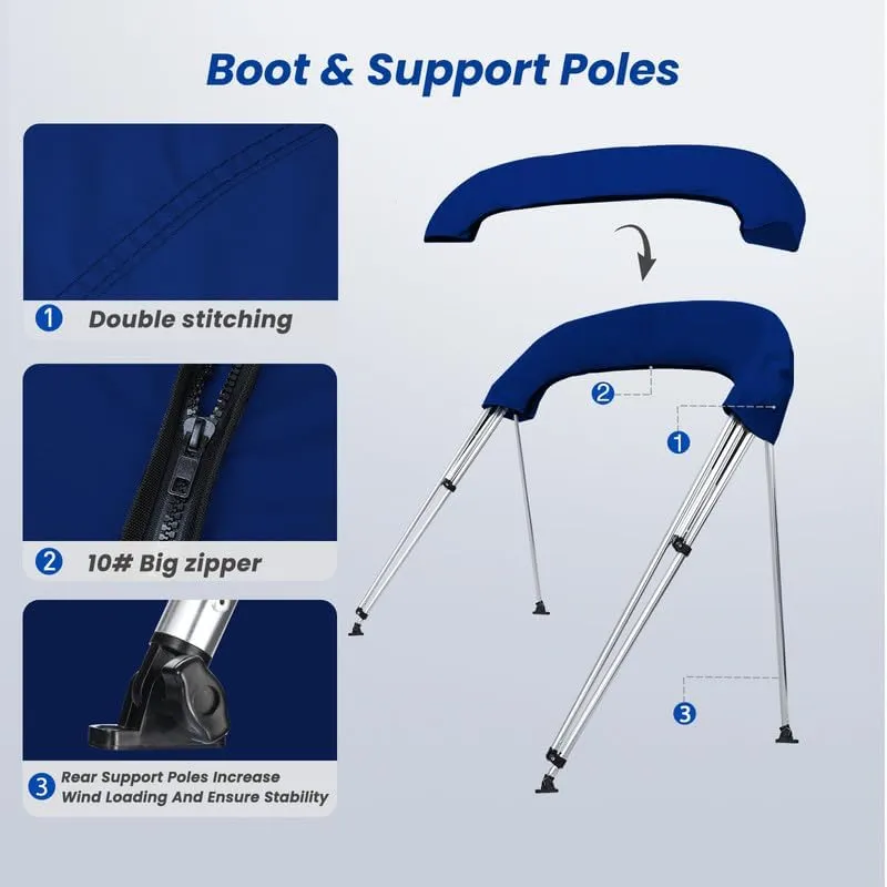 KAKIT 3 4 Bow Bimini Tops with Mesh Sidewalls Support Poles for Boats Marine Grade Canvas Top Includes 2 Straps Storage Boot 1 Inch Aluminum Frame