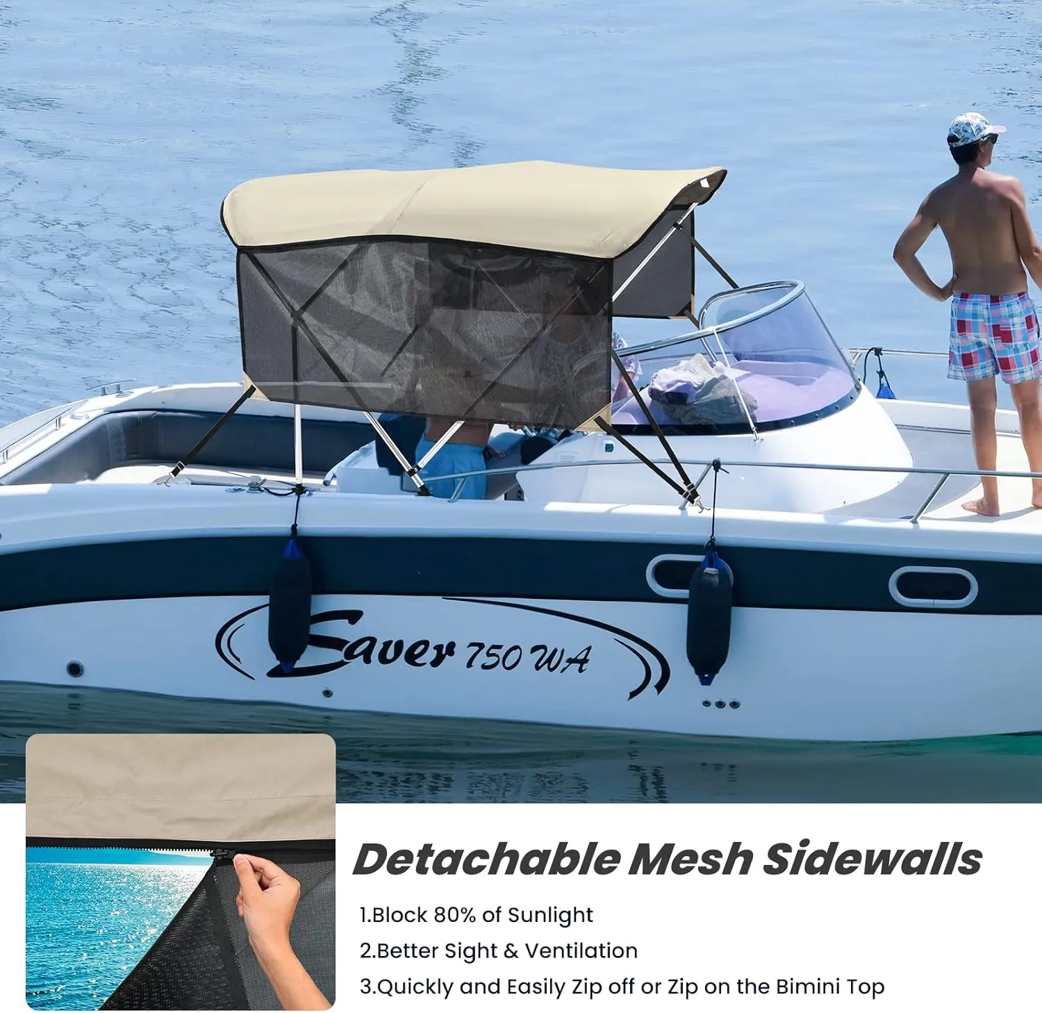 KAKIT 3 4 Bow Bimini Tops with Mesh Sidewalls Support Poles for Boats Marine Grade Canvas Top Includes 2 Straps Storage Boot 1 Inch Aluminum Frame