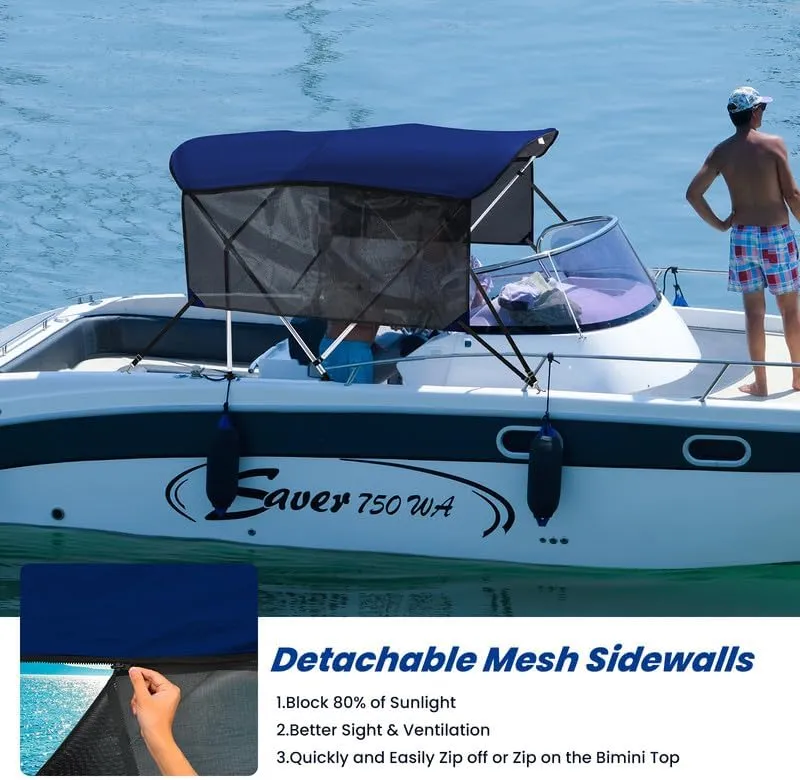 KAKIT 3 4 Bow Bimini Tops with Mesh Sidewalls Support Poles for Boats Marine Grade Canvas Top Includes 2 Straps Storage Boot 1 Inch Aluminum Frame